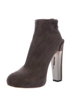 Brian Atwood Edeline Grey Suede Stacked Ankle Booties